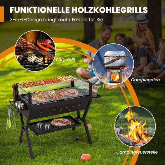 Kullgrill med frontrute og krydderhyller – rustfritt stål