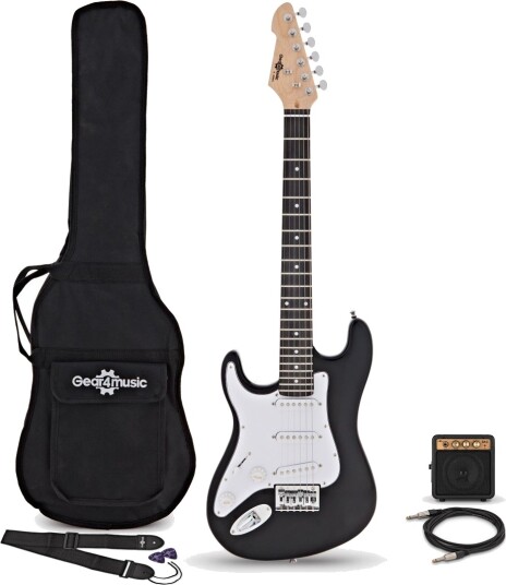 Gear4Music 3/4 LA Venstrehendt Elektrisk Gitar Svart med Mini Forsterkerpakke