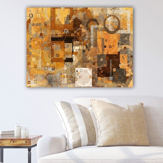 Lerretsbilde 70x100 cm Abstrakt komposisjon med geometriske former i varme toner Gull / Brun / Grå