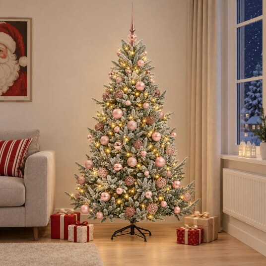 vidaXL Kunstig juletre med julekuler 240 cm 300 LED-lys Varmhvit