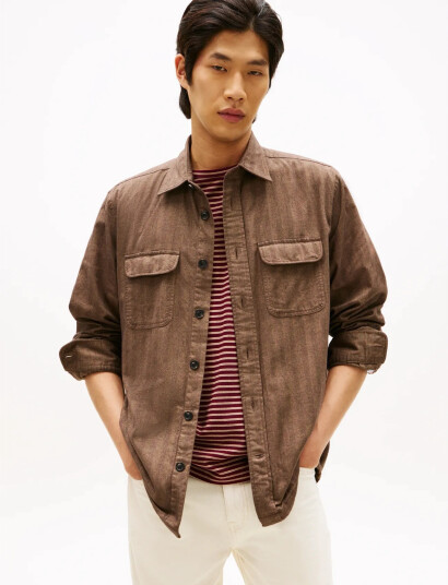 Tommy Hilfiger Herringbone Rlx Shirt Set A 1/2   Brown   M