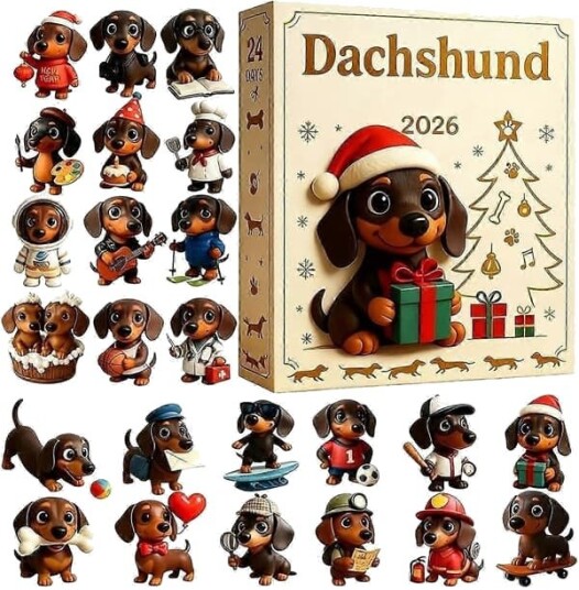 Julen 2026 Adventskalender   24 dagers nedtelling med dachs hund anhengsett