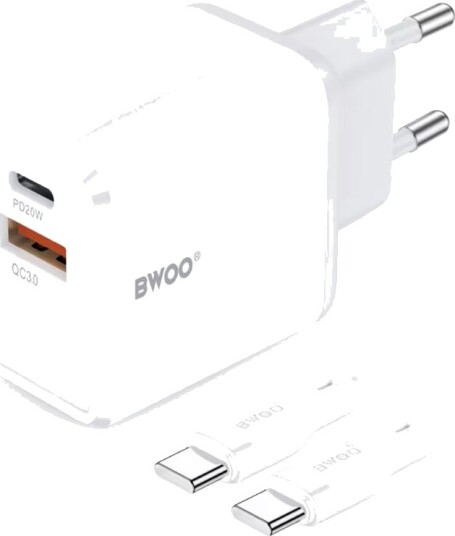Telforceone Bwoo Vegglader Cda182 Med Kabel 38W: 1X Usb-A + 1X Usb-C 3,8A Usb-C-Kabel 1 M Hvit