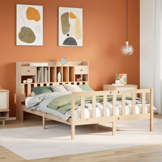 Seng med bokhylle uten madrass 150x200 cm heltre furu 8721158605320