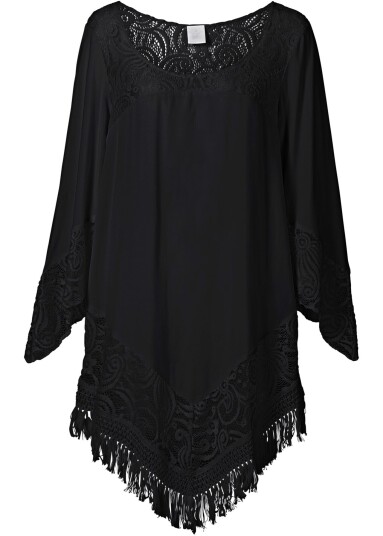 bonprix Lang strandtunika med blonde , av bærekraftig viskose 36 , 38 , 40 , 42 , 44 , 46 , 48 , 50 svart