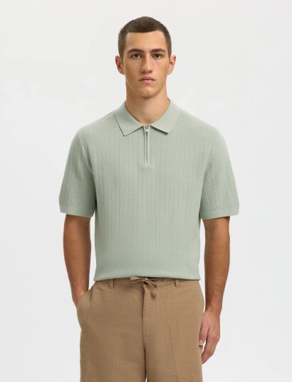 Selected Slmcran Ss Knit Structure Zip Polo Noos   Green   L