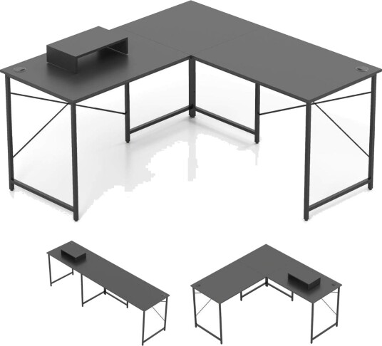 Vendbart L formet skrivebord med ladestasjon – grått