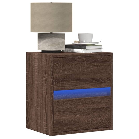  Vegghengt nattbord med LED-lys 2 stk brun eik 8721158343185