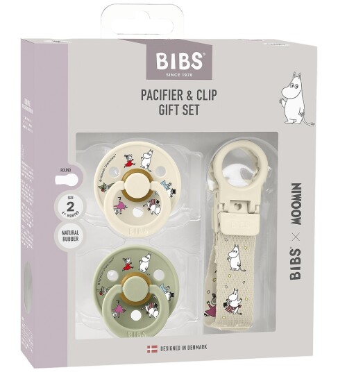Bibs Gaveeske Mumitrollet Smokkesnor og 2 x smokker Ivory/Sage 2 Pack