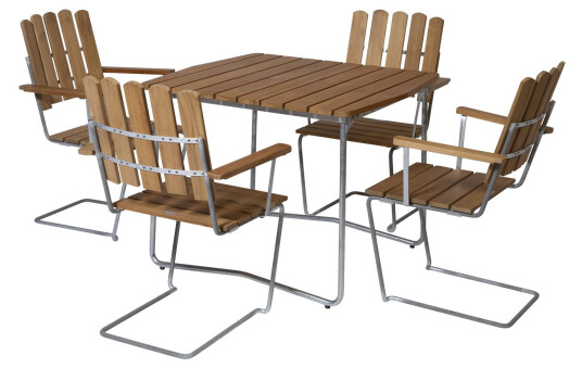 Grythyttan Stålmöbler B31 spisegruppe Teak/galvanisert stål 4 lenestoler & bord 84 x 92 cm