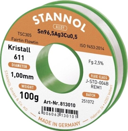 Lydmetall Sn96,5Ag3cu0,5 1,0Mm 100G Su Fliusu Stannol