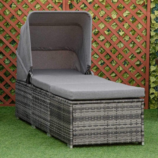 Justerbar grå solseng i polyrattan med soltak