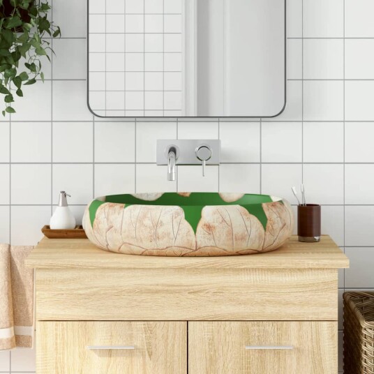 vidaXL Benkeservant grønn og brun oval 59x40x15 cm keramikk