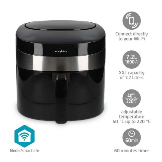 Nedis SmartLife Hot Air Fryer XXL 7,2L Wi-Fi Digital med 8 Programmer - Svart Nedis SmartLife Hot Air Fryer XXL 7,2L Wi-Fi Digital med 8 Programmer - Svart