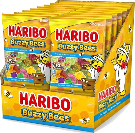 12 stk Haribo Buzzy Bees   Blomst  og Bieformede Skum  og Vingummi Godteribiter   Hel Eske 1,68 kg