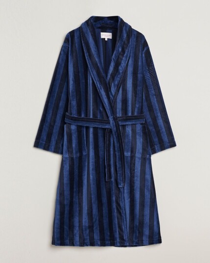 Derek Rose Striped Cotton Velour Gown Navy