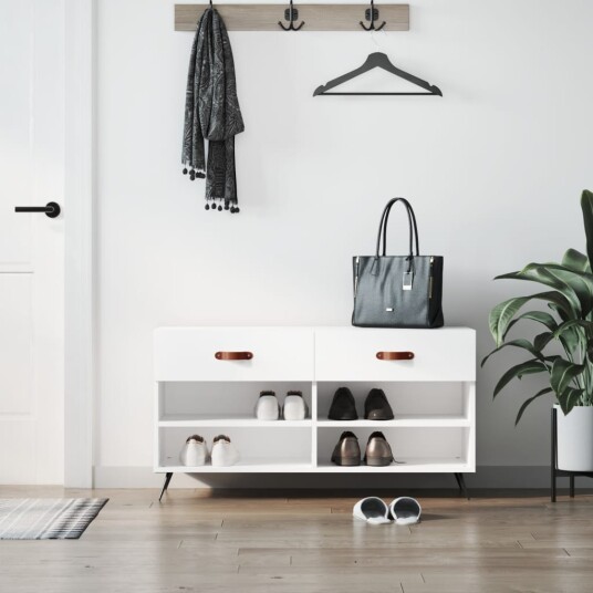 vidaXL Skobenk h?yglans hvit 102x35x55 cm konstruert tre