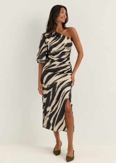 Bubbleroom Occasion Ruched One Shoulder Satin Midi Dress