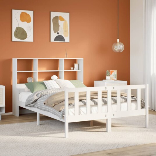  Seng med bokhylle uten madrass hvit 160x200 cm heltre furu 8721158609250