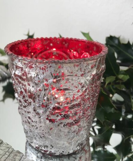 Telysglass sølvfarget m/ rød innside