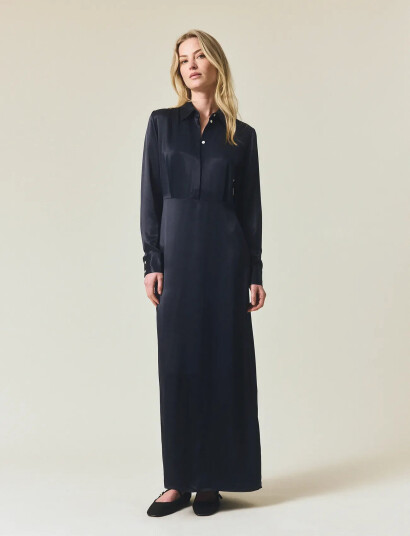 Lexington Clothing Maxi Satin Shirt Dress Navy M Lexington Clothing Maxi Satin Shirt Dress Navy M
