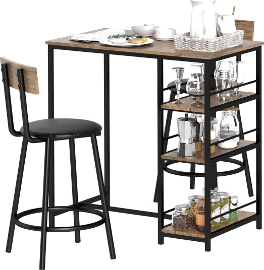 Barbord med barstolsett 3 stk. Barbordsett med kjøkkenbord 3 hyller 2 barstoler Moderne stil Spisestue Kjøkken Stål Eik Aosom