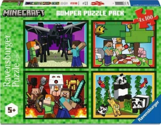 Ravensburger Puslespill 4x100 brikker Minecraft: Realms & Adventures