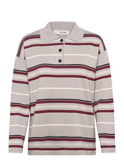 A View Polo Long Sleeve Stripe Knit Blouse Grey L