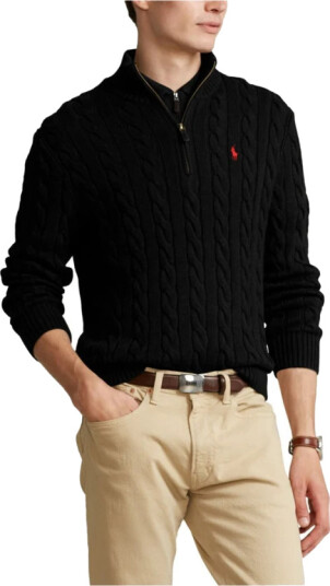 Polo Ralph Lauren Cable-Knit Cotton Quarter-Zip Sweater - Black - S