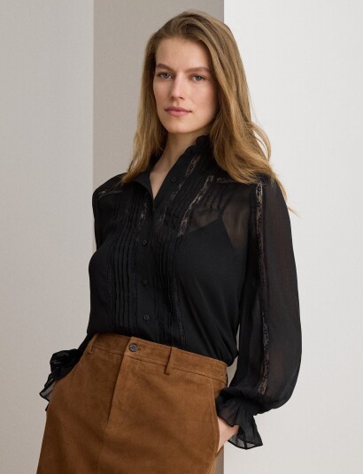 Lauren Ralph Lauren Lace Trim Crinkle Georgette Blouse Black M