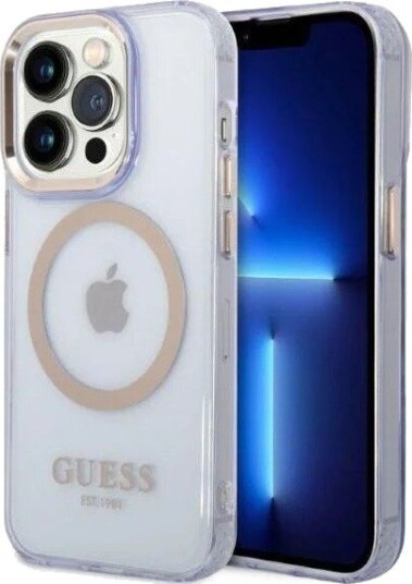 GUESS Gold Outline Translucent MagSafe Case for iPhone 14 Pro Max Purple