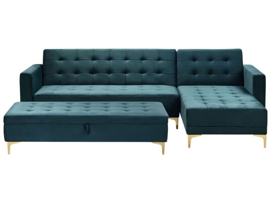 Beliani Hjørnesofa Blågrønn Fløyel Tuftet Stoff med Oppbevaring Venstrevendt L-formet Modulær 4-seter Ottoman Moderne
