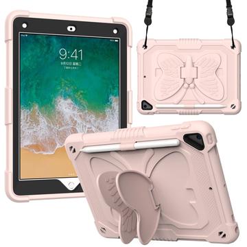 Sommerfuglformet PC-stativ + nettbrettdeksel i silikon med skulderrem for iPad 9,7-tommers (2018)/(2017)/iPad Air 2 rosa