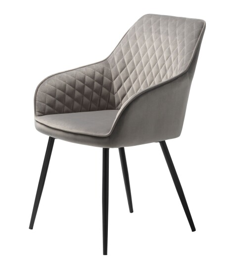 Miral spisestuestol med armlener i grå velour og svart stell.