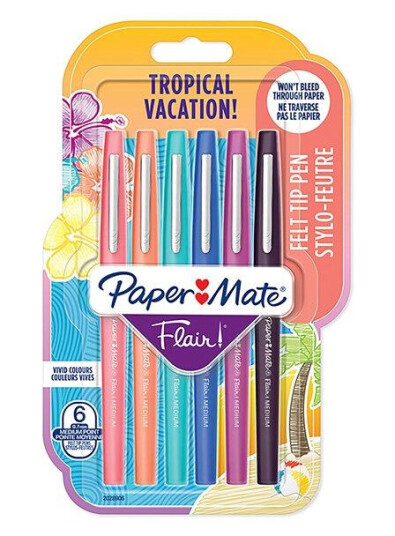 Paper Mate Flair Felt Tip Pens  Medium Tip 0.7 mm  Tropical Vacation Colours  6 Count