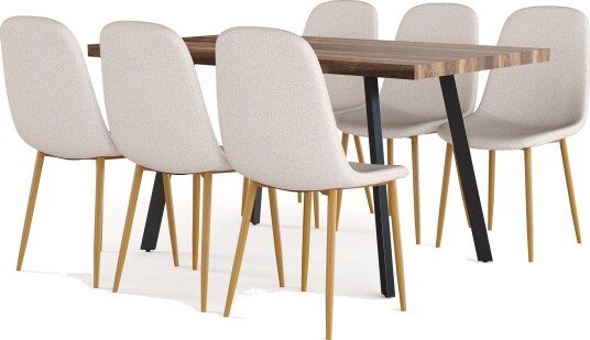Marcelen Spisebord Uttrekkbart med ileggsplate + 6 stk Nibe stol beige med eikeben - Brun/Beige