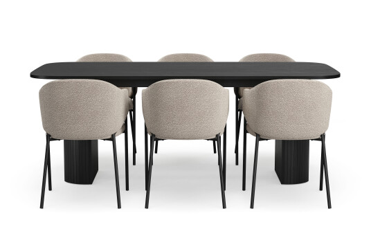 Bark Kopparbo Spisebord 200 cm med 6 Filip Spisestoler Svart / Taupe Bouclé
