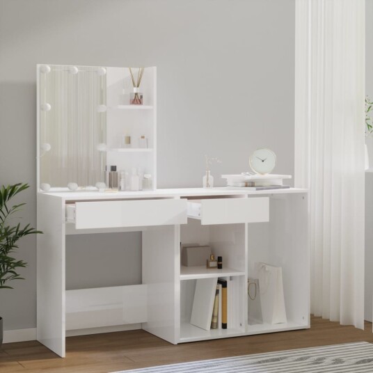 LED-sminkebord med skap hvit konstruert tre 8720286660850