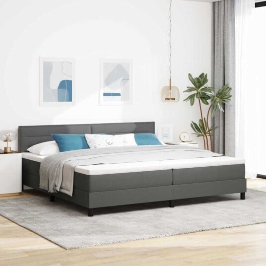  Box Spring Seng med Madrass & LED Mørk Grå 200x200 cm Stoff