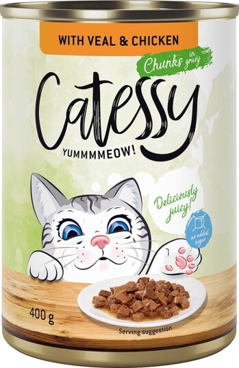 Catessy Våtfôr Biter I Saus Eller Gelè Med Kalv Og I Saus Kylling 12 X 400 G