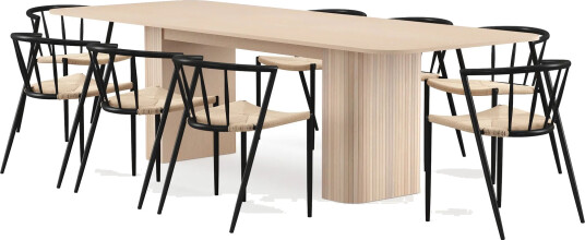 Kopparbo Spisebord 200-260 cm Uttrekkbart med ileggsplate med 8 Winston Spisestoler - Hvit / Beige / Metallben Svart