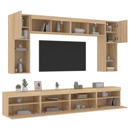 vidaXL Vegghengte TV-benker med LED 8 stk sonoma eik 8721012471818