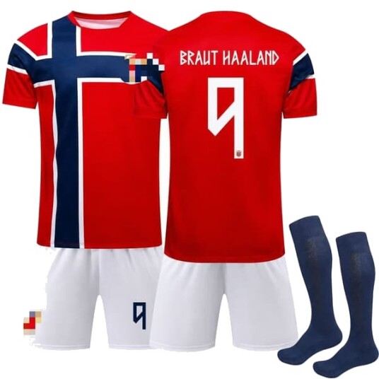 vm2026 Norges herrelandslag hjemmedrakt for barn + shorts + sokker (nr. 9 Haaland trykt) 20