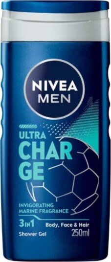 NIVEA MEN Ultra Charge 3-i-1 Shower Gel – til kropp, ansikt og hår, 250 ml