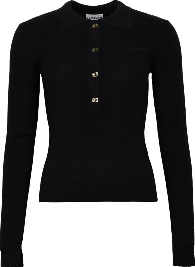 Ganni Mini Ribbed Merino Polo Black XS
