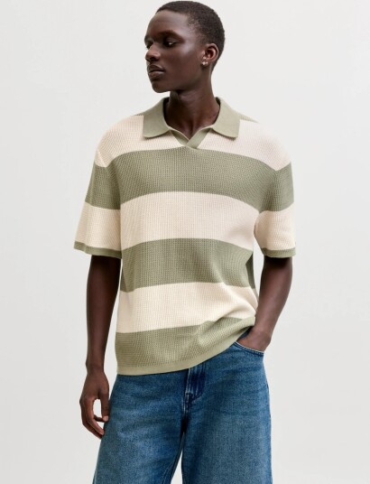 Jack & Jones Jorliam Knit Stripe Split Neck Styd Ss26   Khaki green   M