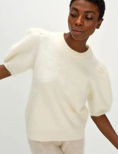 Davida Cashmere Brushed Puff Sleeve T-Shirt - Cream - XL