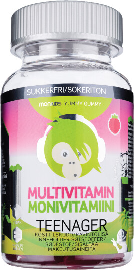Monkids Multivitamin Sukkerfri Teenager Bringebær 60 stk.