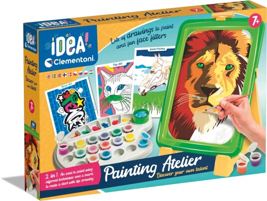 Clementoni Idea Paint Atelier 2i1 tegneog malesett med gjennomsiktig lerret, maling og tegninger
