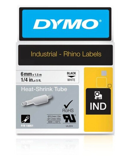 DYMO Rhino krympeflex, 6mm, 1.5m, sort på hvit